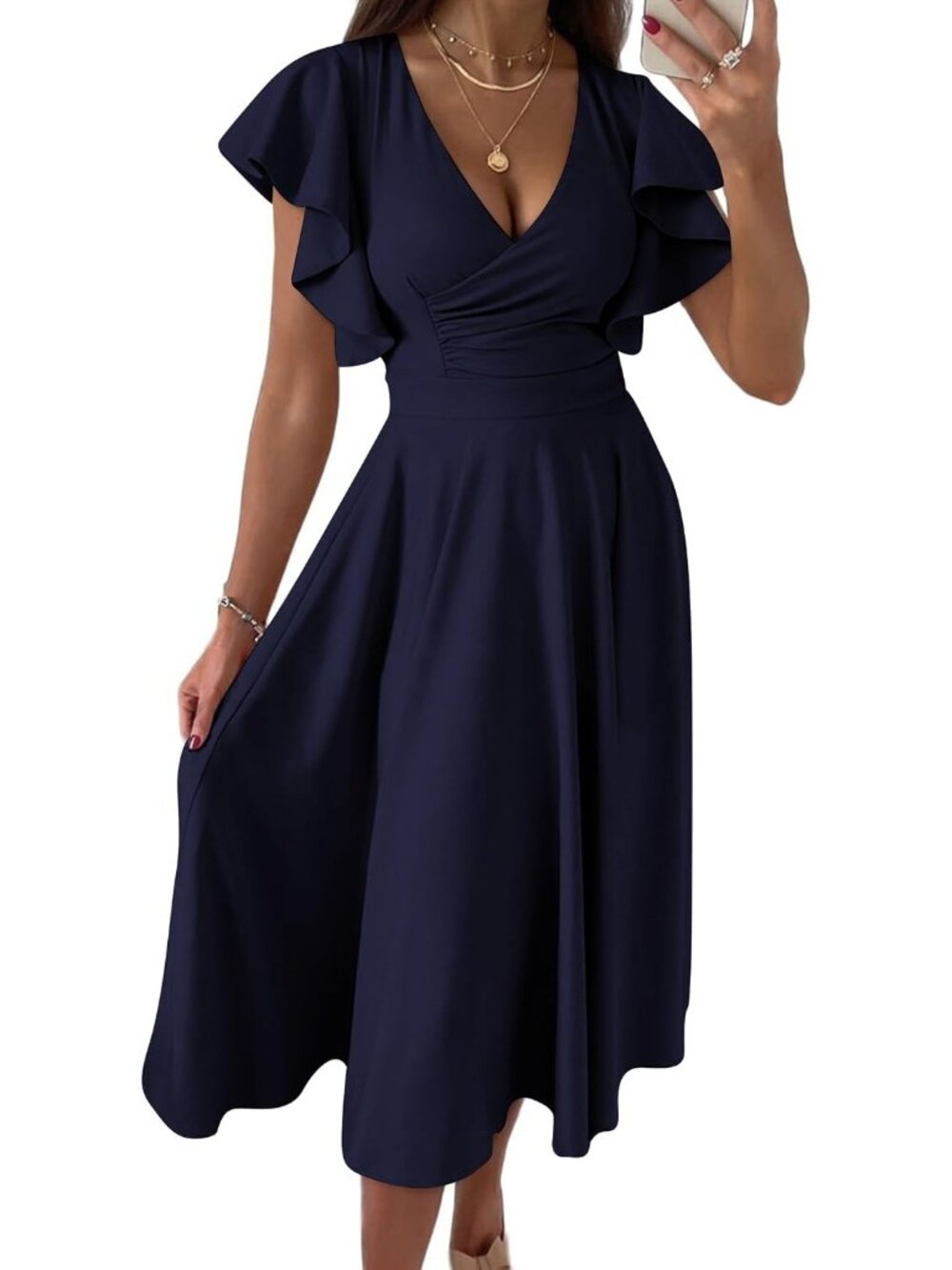 Women's Navy Ruffled Flutter Sleeves V Neck High Waist Imported MIDI Dress